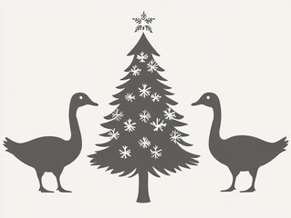 Silhouette Christmas tree geese flying bird white background nature festive design animal holiday serene winter scene black monochrome invitation greeting card vintage retro wish wallpaper wall decor