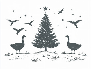 Silhouette Christmas tree geese flying bird white background nature festive design animal holiday serene winter scene black monochrome invitation greeting card vintage retro wish wallpaper wall decor