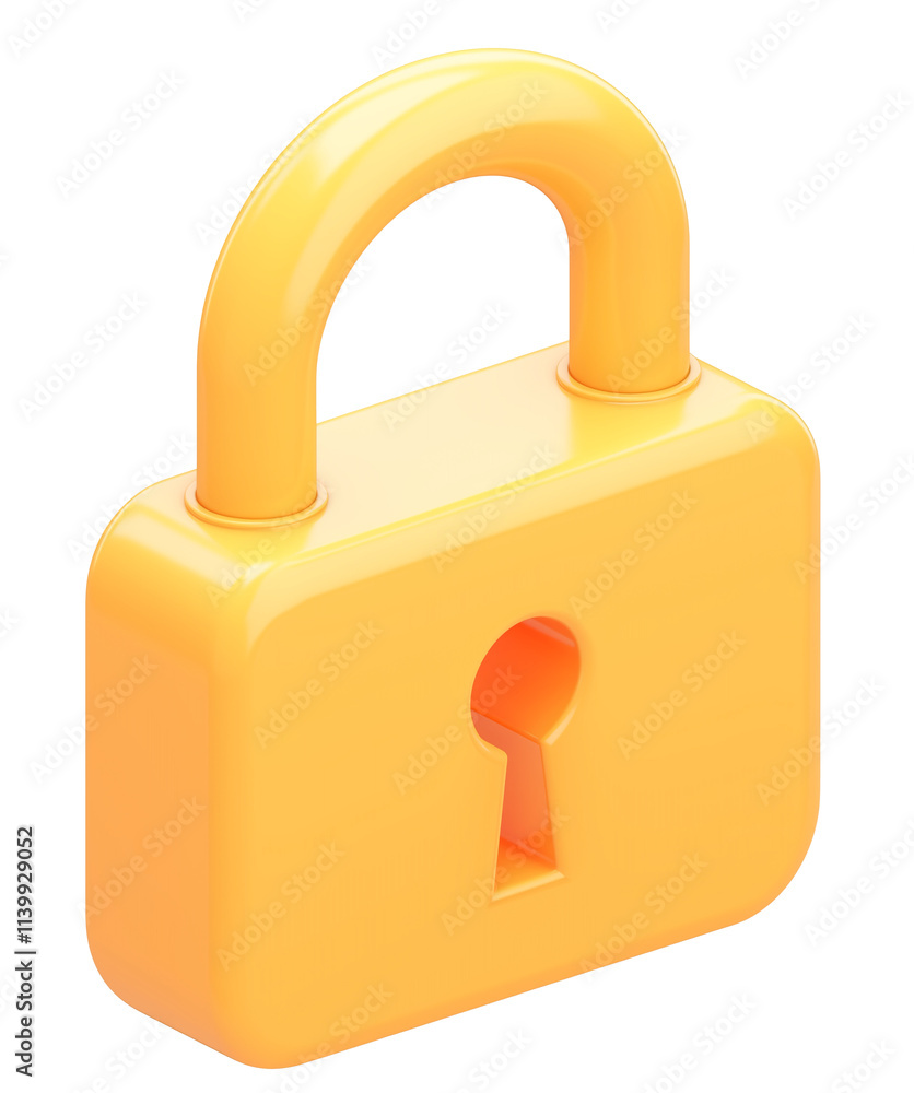 Poster 3d illustration of yellow padlock with keyhole, symbolizing security and privacy, isolated on transp