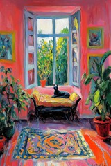 Cozy Room with Open Window and Cat	