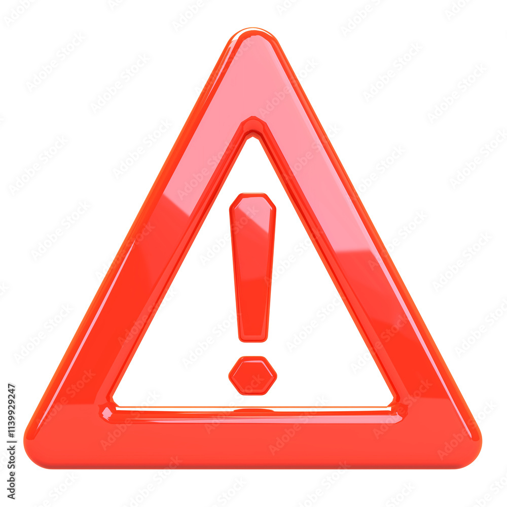 Poster shiny red 3D warning triangle with exclamation mark in center, isolated on transparency background, symbolizing caution or alert