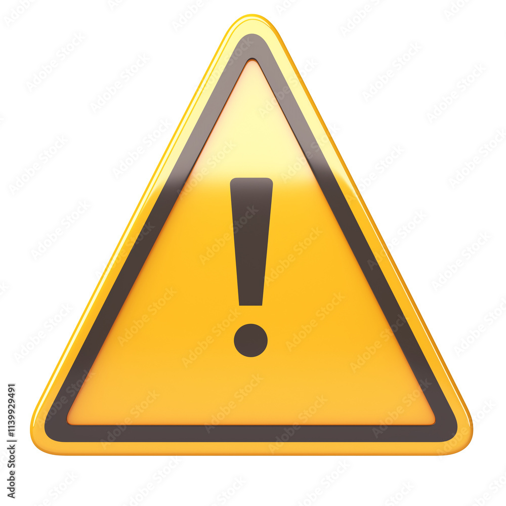 Poster yellow warning triangle with bold exclamation mark in center, symbolizing caution or alert, isolated on transparency background. design is simple and attention grabbing