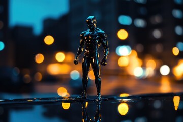 A metallic superhero figurine stands defiantly in a rain-slicked city street at night, reflecting the vibrant bokeh lights.