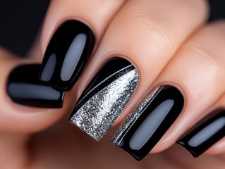 A woman's hand with a black and silver manicure