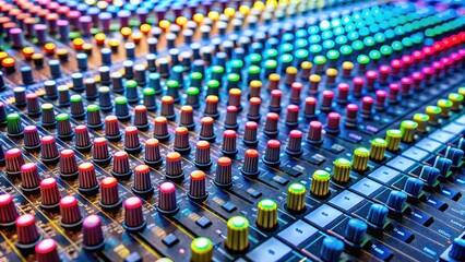 Obraz premium Close up of a colorful light audio mixer console, audio equipment, sound mixing, technology
