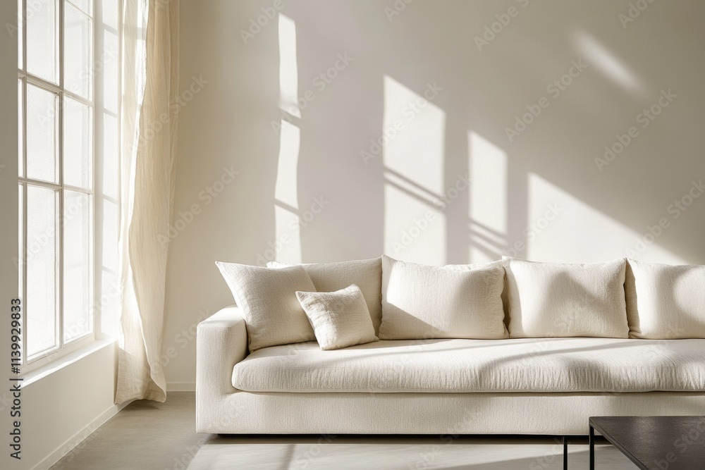 Poster sunlight streams through a window illuminating a minimalist off-white linen sofa in a bright room.