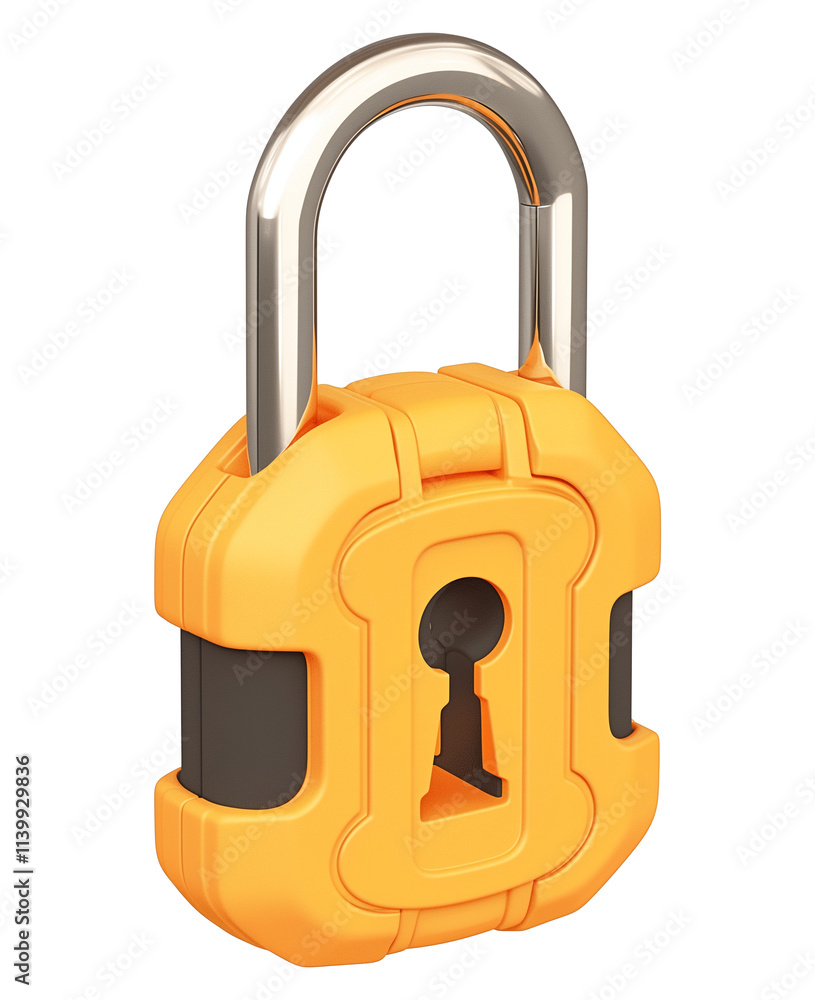 Poster vibrant orange padlock with metallic shackle, featuring keyhole design, isolated on transparency background. lock has modern and secure appearance, ideal for digital or physical security concepts