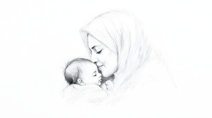 A simple pencil sketch of an Arab mother holding her newborn child with tenderness and love, capturing a moment of warmth, care, and the deep bond between mother and child in an intimate, heartfelt sc