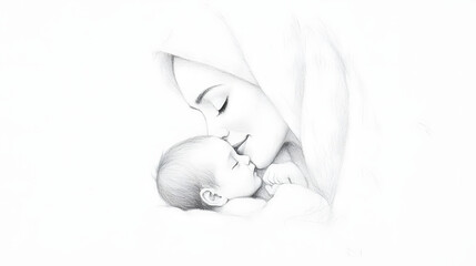 A simple pencil sketch of an Arab mother holding her newborn child with tenderness and love, capturing a moment of warmth, care, and the deep bond between mother and child in an intimate, heartfelt sc