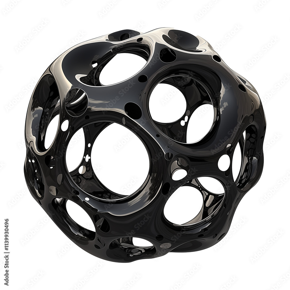 Poster glossy black metallic 3d geometric structure with interconnected circular cutouts, showcasing futuri