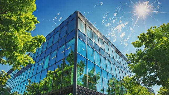 Modern Glass Office Building with Green Trees and Sun.  A sleek, modern office building with large glass windows reflects the surrounding green trees and a bright sun.