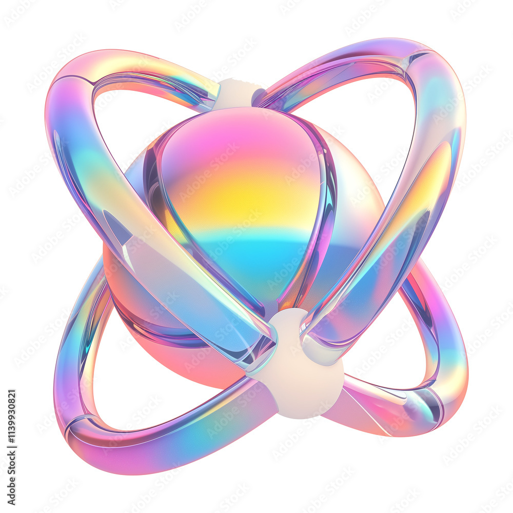 Poster futuristic 3D metallic shape with holographic colors, featuring spherical core surrounded by interconnected loops, showcasing Y2K inspired design in flat view