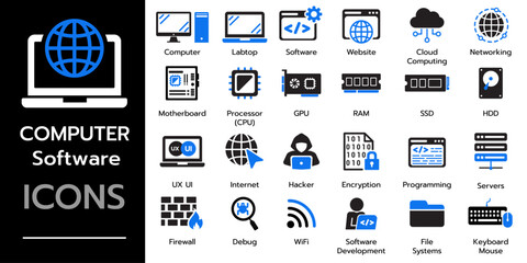 Computer Software icon set. Containing computer, labtop, network, website, server, hardware, software. vector icons	
