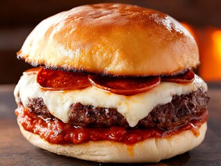 A pepperoni and cheese sandwich on a bun on a wooden table