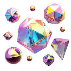 Holographic metallic 3D shapes in Y2K style, featuring vibrant colors and geometric designs, including spheres, pyramids, and polyhedrons, floating on flat transparency background