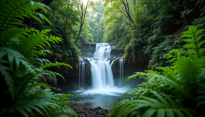 Obraz premium Waterfall framed by ferns