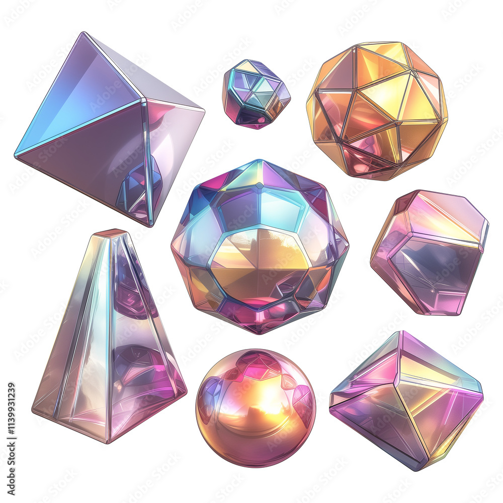 Poster holographic metallic 3d geometric shapes in y2k style with vibrant colors, including spheres, pyrami