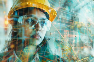 Young Woman Engineer in Safety Gear Analyzing Data for Construction Project with Futuristic Overlay of Blueprint and Digital Elements