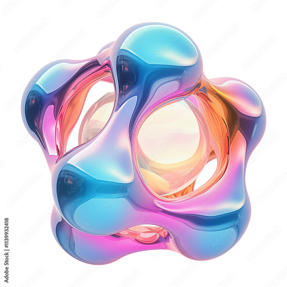 Poster futuristic 3D metallic abstract shape with holographic colors, featuring smooth curves and glowing core, creating vibrant and modern Y2K aesthetic