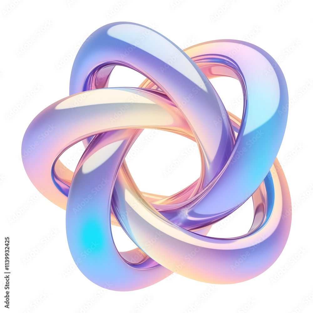 Poster 3d metallic knot with holographic colors, featuring smooth and reflective surface, showcasing futuri