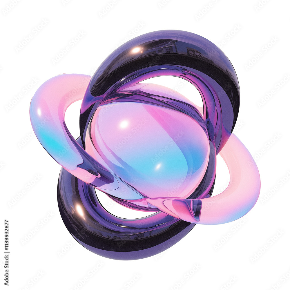 Poster futuristic 3D metallic abstract shape with holographic colors, featuring intertwined loops and glossy central orb, showcasing Y2K inspired design in flat view