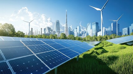 Modern City Skyline With Solar Panels and Wind Turbines