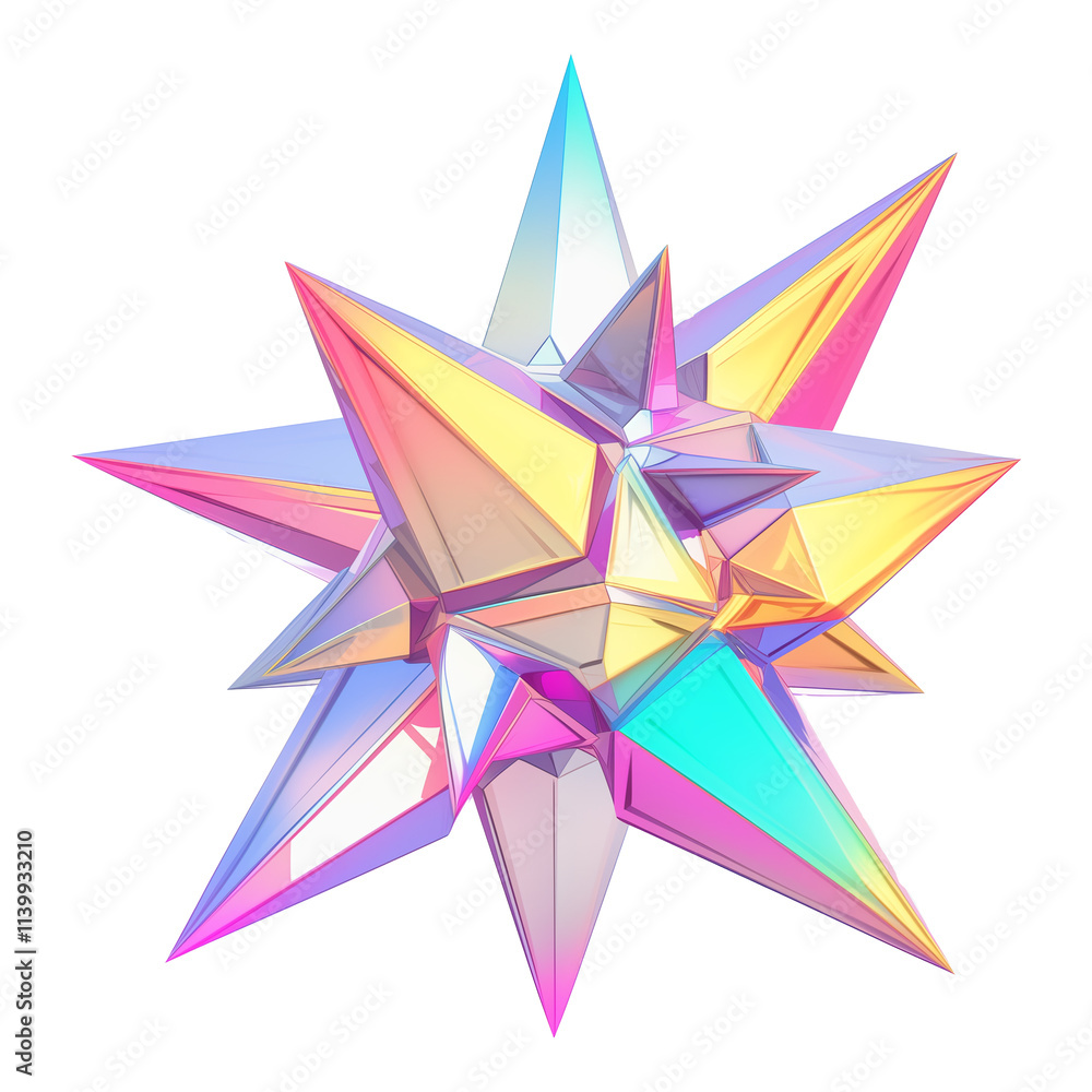Poster vibrant 3d metallic starburst shape with holographic colors, featuring sharp geometric edges and fut