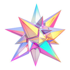vibrant 3D metallic starburst shape with holographic colors, featuring sharp geometric edges and futuristic Y2K aesthetic, displayed on flat transparency background
