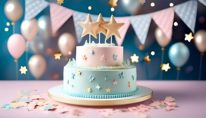 A charming pastel birthday cake with star toppers, set against a festive backdrop with banners