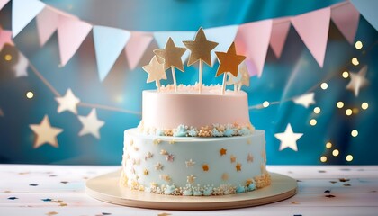 A charming pastel birthday cake with star toppers, set against a festive backdrop with banners
