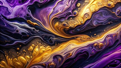 Obraz premium Fascinating liquid acrylic artwork in purple, black, and golden colors, fluid, acrylic, art, abstract, mixture, purple, black