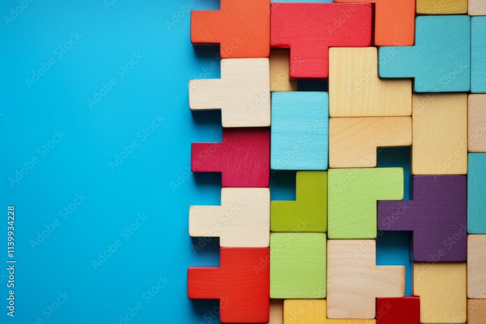 Aufkleber geometric puzzle of colorful wooden blocks forming a pattern on blue background, representing proble