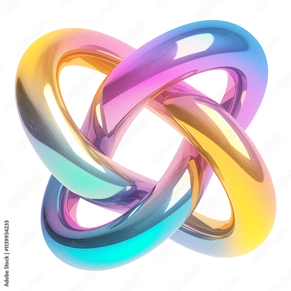 Poster vibrant 3D metallic abstract shape with intertwined loops in gradient Y2K colors, showcasing glossy and reflective surface on transparency background