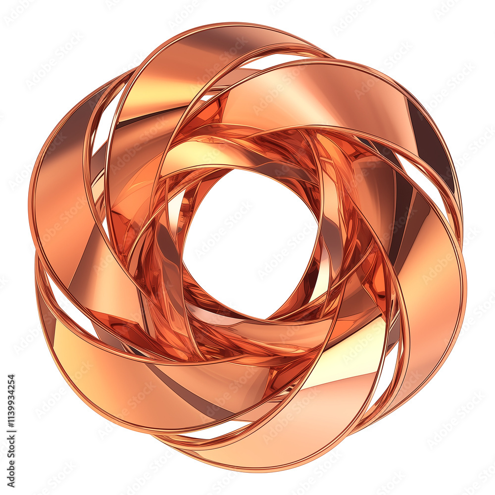 Poster 3D metallic abstract shape with twisted, circular design in shiny copper color, isolated on transparency background, showcasing futuristic and elegant aesthetic
