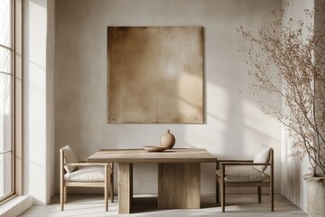 Minimalist dining room with wooden table, chairs, and a large abstract painting on the wall.