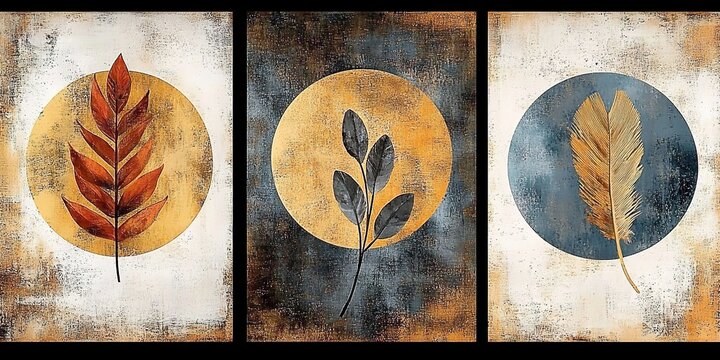 Abstract retro boho leaf design set of three wall art prints