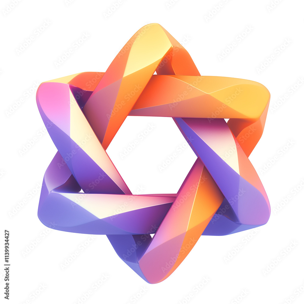 Poster vibrant 3d metallic star shaped object with intertwined loops in gradient hues of orange, pink, and 