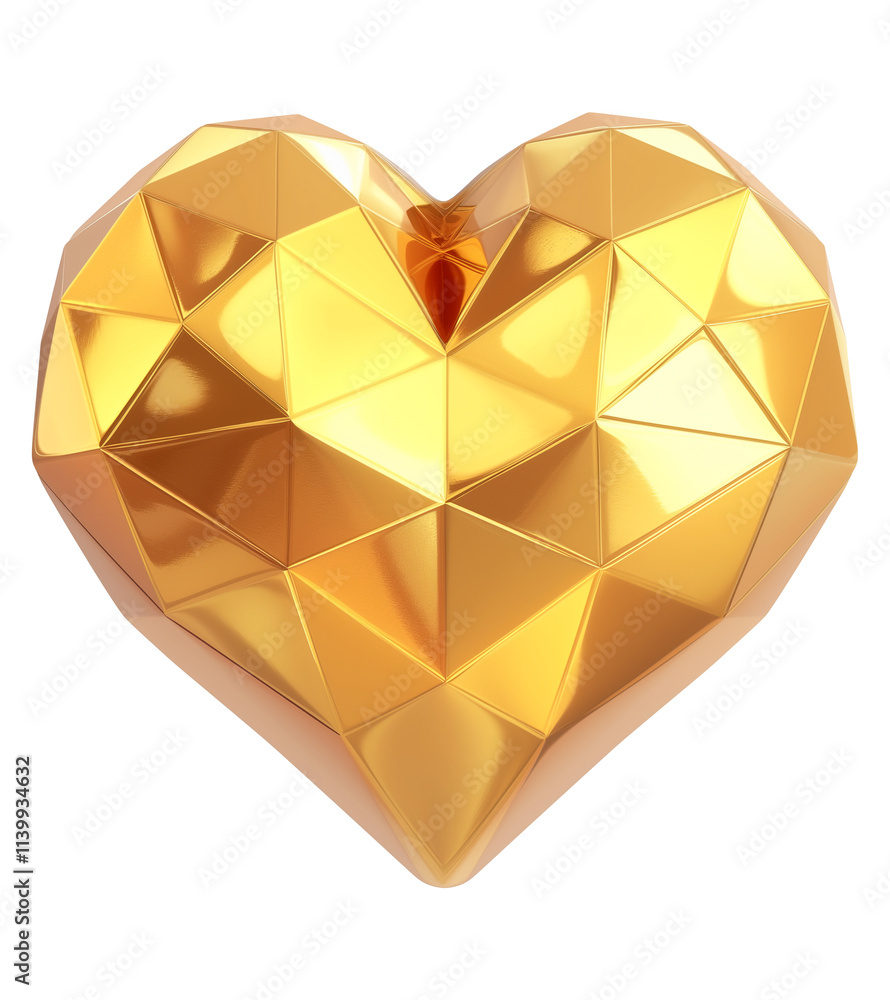 Poster golden geometric heart with metallic finish, featuring faceted design and reflective surface, isolated on transparency background