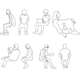 Set of linear vector drawings depicting people sitting in various poses. Minimalist and clean design suitable for architectural plans, interior visualizations, presentations, and graphic design.