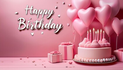 A cute, pink birthday scene with cake, candles, heart balloon and script text