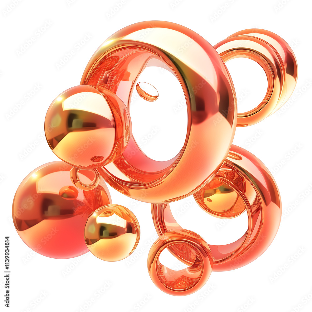 Aufkleber abstract 3d metallic shapes in vibrant orange tones, featuring interconnected rings and spheres with