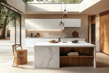 Modern minimalist kitchen design with marble island, wooden accents, and large windows overlooking a garden.