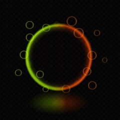 Neon gradient magic circle. Glowing multicolor ring, futuristic light effects, beam, reflection, bubbles, sci-fi energy, luminescent halo, technology frame, vibrant glow, digital interface