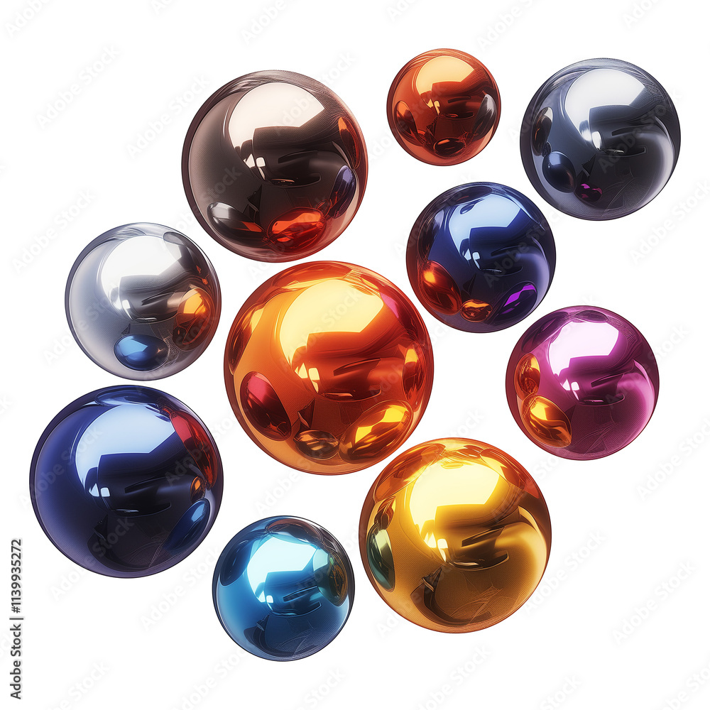 Poster shiny metallic spheres in vibrant y2k inspired colors, arranged in floating cluster on transparency 