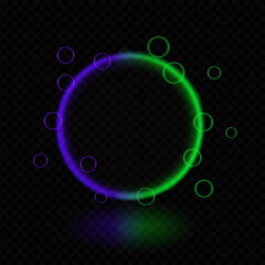 Neon gradient magic circle. Glowing multicolor ring, futuristic light effects, beam, reflection, bubbles, sci-fi energy, luminescent halo, technology frame, vibrant glow, digital interface