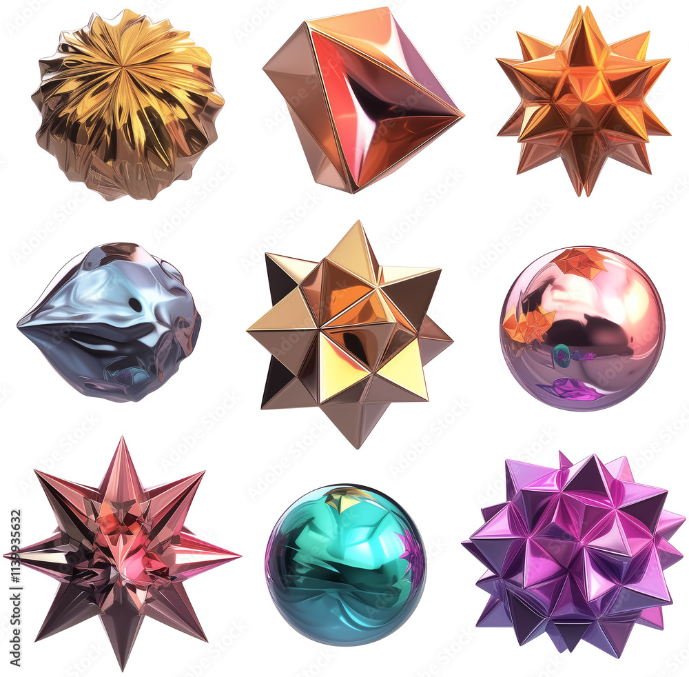 Poster collection of metallic 3d geometric shapes in vibrant y2k inspired colors, featuring spheres, stars,