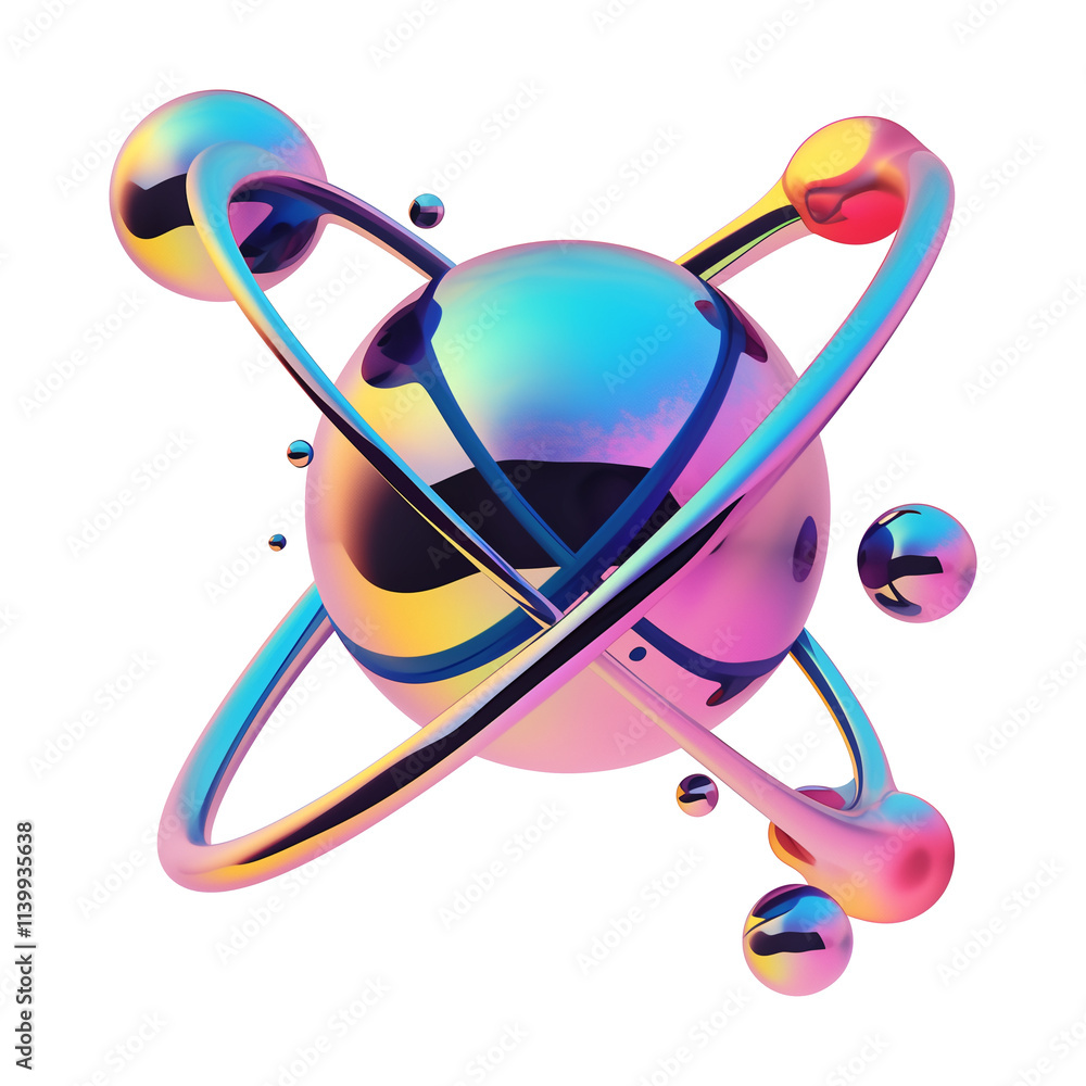 Poster vibrant 3d metallic sphere with orbiting rings and smaller spheres, featuring futuristic y2k inspire