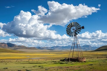Old windmill standing in a golden rural field under a bright blue sky with fluffy white clouds