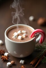 Steaming Hot Chocolate with Marshmallows and Candy Cane