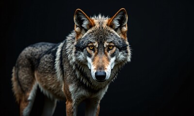 Wolf portrait piercing yellow eyes black background dramatic